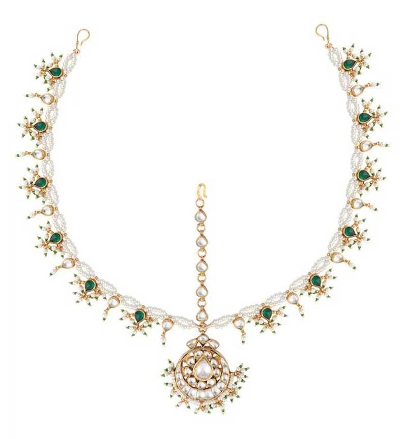 white & Green Jadtar & Beads Studded Mathapatti