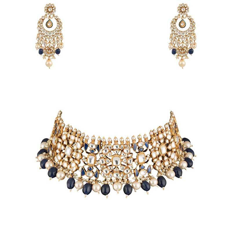 Blue & White jadtar studded Necklace