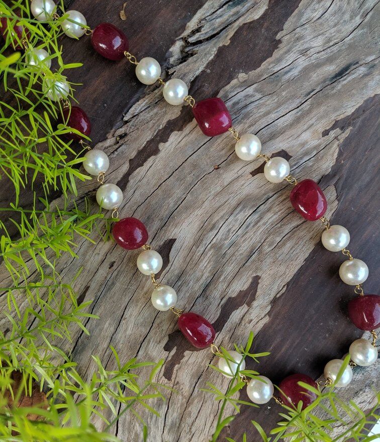 Red White Color Beads And Pearls Layered Mala Riana jewellery