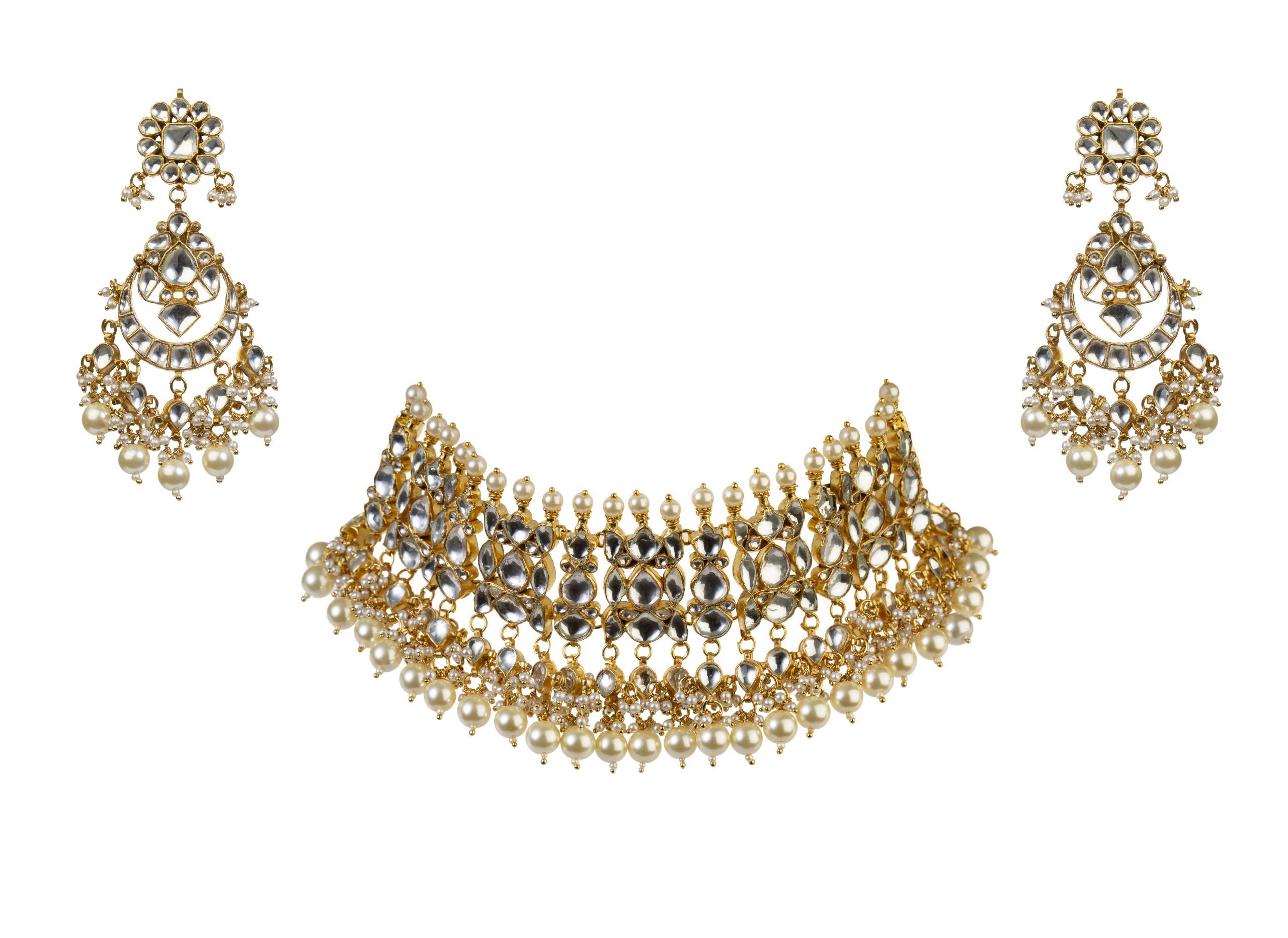 Gold Plated white choker with pearls Necklace Set With Earrings