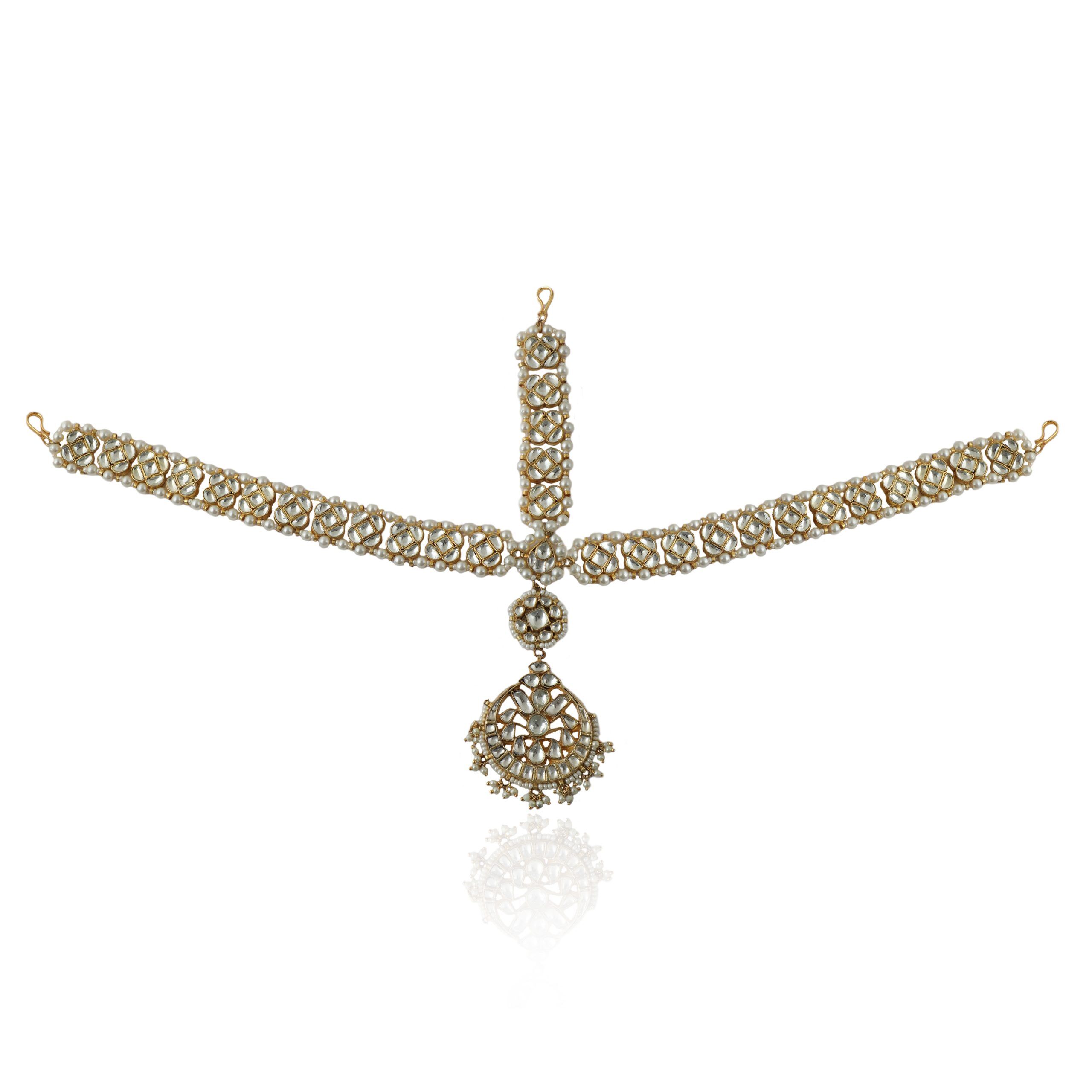White Jadtar Stone With Small Moti Work Mathapatti Riana jewellery Buy Online Fashion Artificial Jewellery Designs
